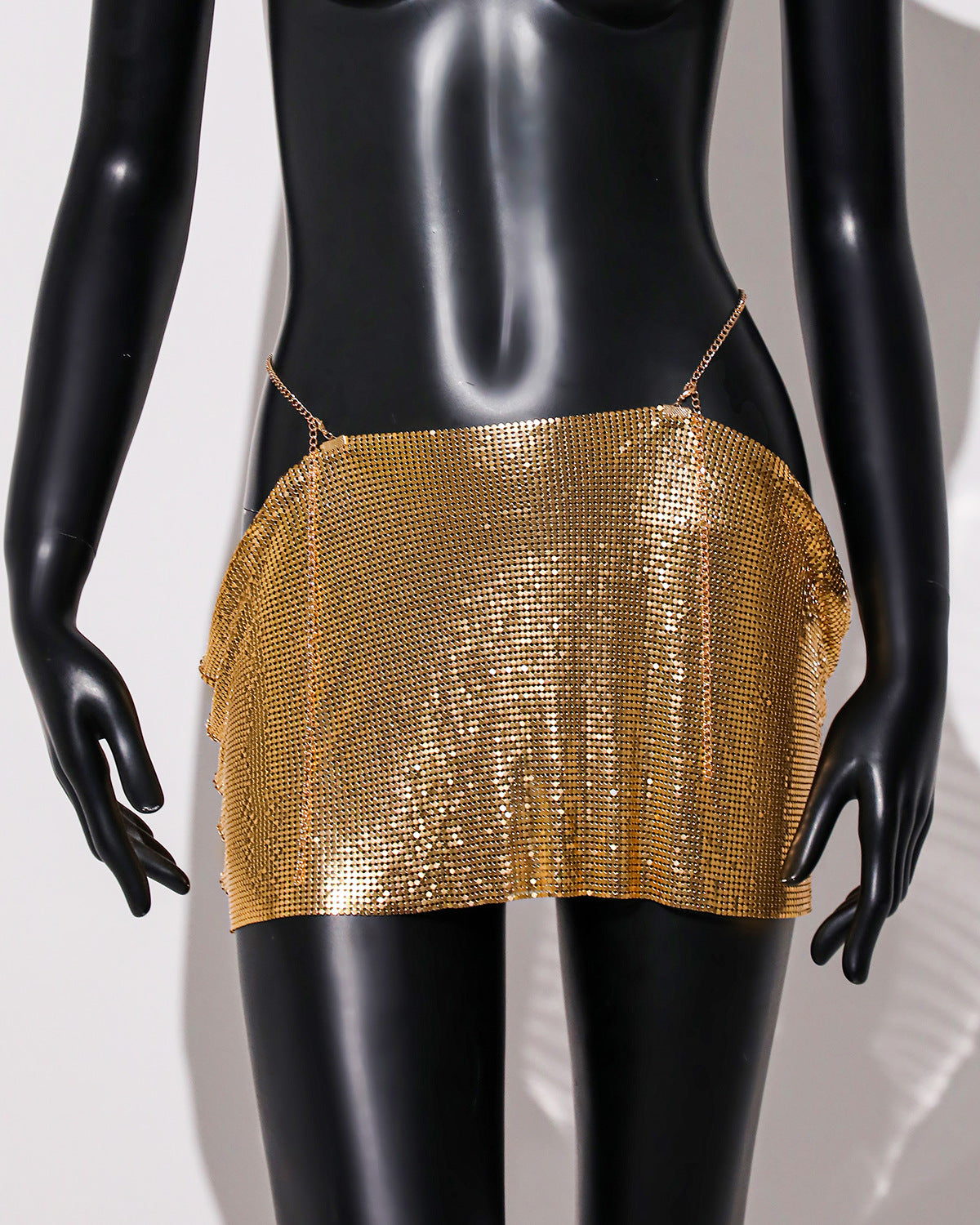 Image of Womens Sequin Skirt Mini Skirt Rave Dance Low Waist Metal Chains Waistband Skirt Club Party Skirts - golden / free size